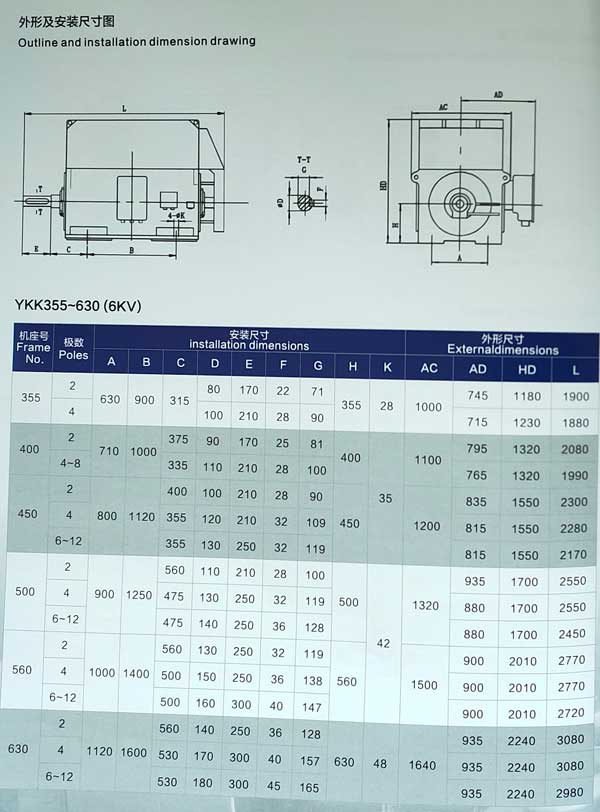 YKK系列6KV高壓電機(jī)安裝尺寸表